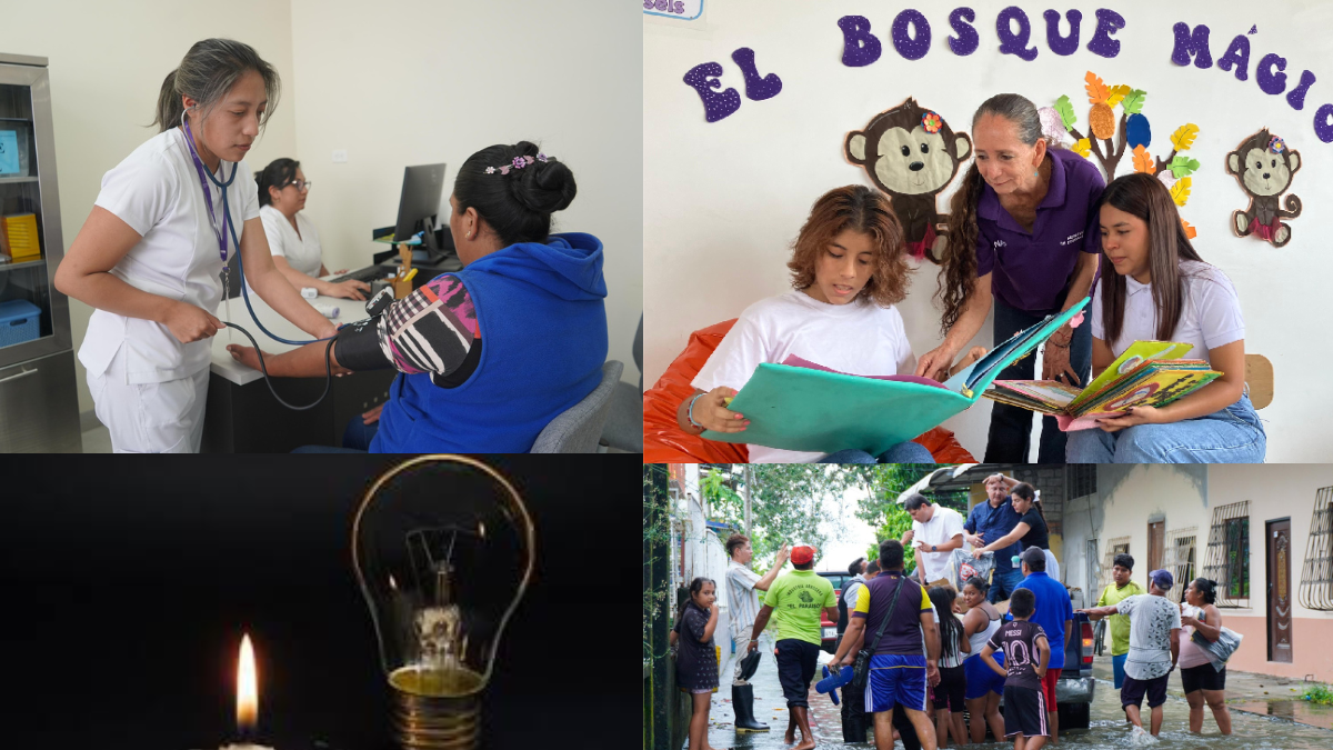 Imágenes representativas de las problemáticas que enfrenta el Ecuador en salud, educación, energía, etc. Y que deberá enfrentar Daniel Noboa hasta el 2029.