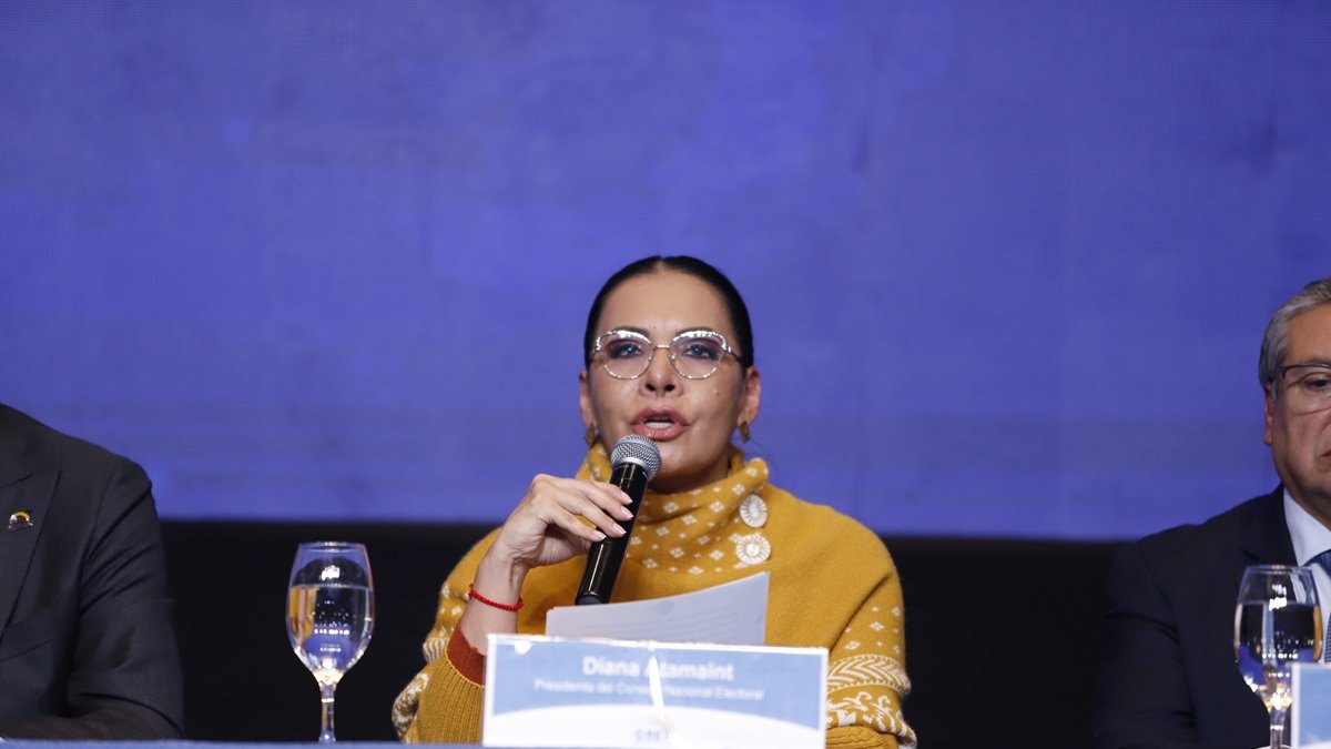 La presidenta del Consejo Nacional Electoral (CNE), Diana Atamaint, la noche del domingo 13 de abril.