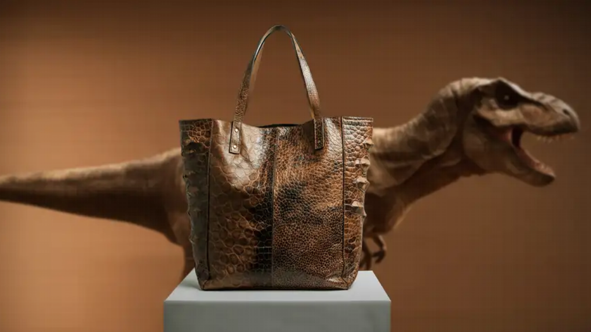 Prototipo de bolso elaborado con cuero cultivado en laboratorio a partir de ADN de T. rex.
