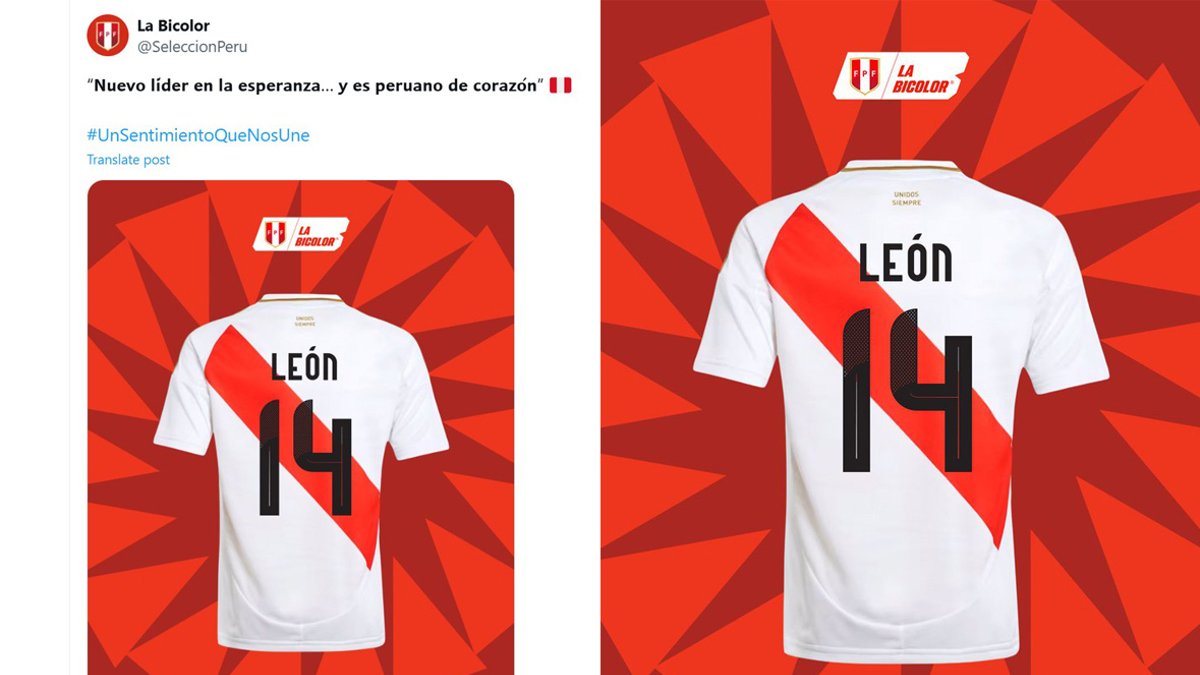 Imágenes tomadas de la cuenta en X de la selección peruana de fútbol @SelecciónPeru de una camiseta de la selección con el nombre León y el número catorce en honor al papa León XIV.