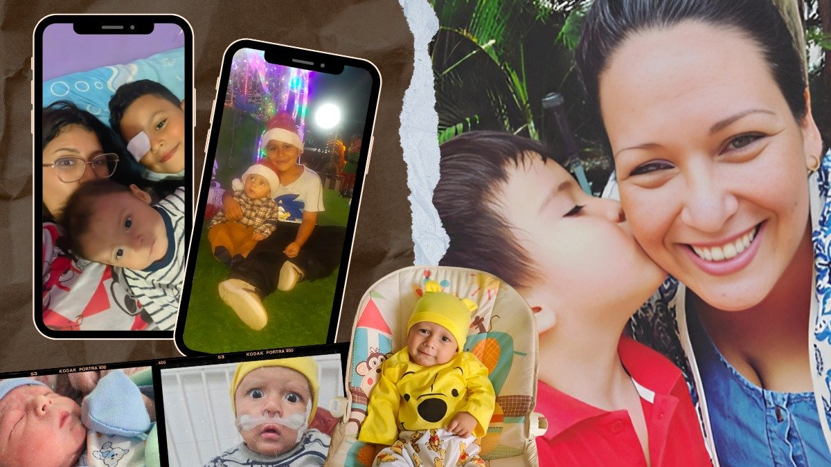 A la izquierda, Tamir, hijo de Tamara, quien ha enfrentado múltiples enfermedades graves; a la derecha, Adriana y su hijo Santiago, hija y nieto de Patricia, marcados por el dolor de la violencia femicida.