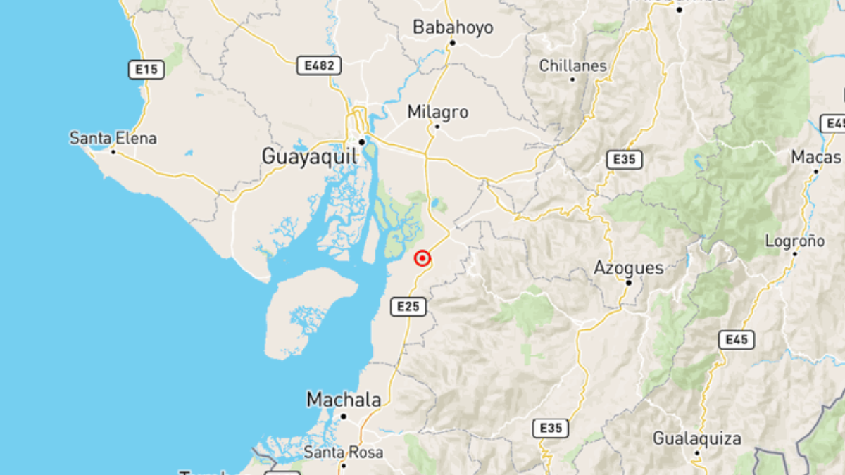 Mapa del Instituto Geofísico muestra la ubicación del epicentro del sismo de magnitud 4.9 registrado en Naranjal, Guayas, la mañana del 10 de mayo.