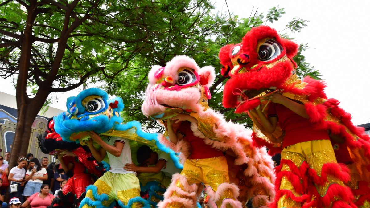 Espectáculo. Los bailarines del Colegio Internacional Chino ‘Si Miao Wei Hua’ interpretaron la danza del león; esta coreografía fue la primera de varias presentaciones culturales china.