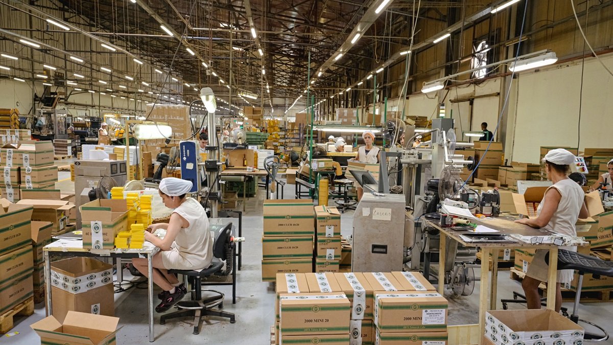 Las trabajadoras operan las máquinas durante el proceso de enrollado y empaquetado en la fábrica de tabacos mecanizada de La Habana el 8 de mayo de 2025.