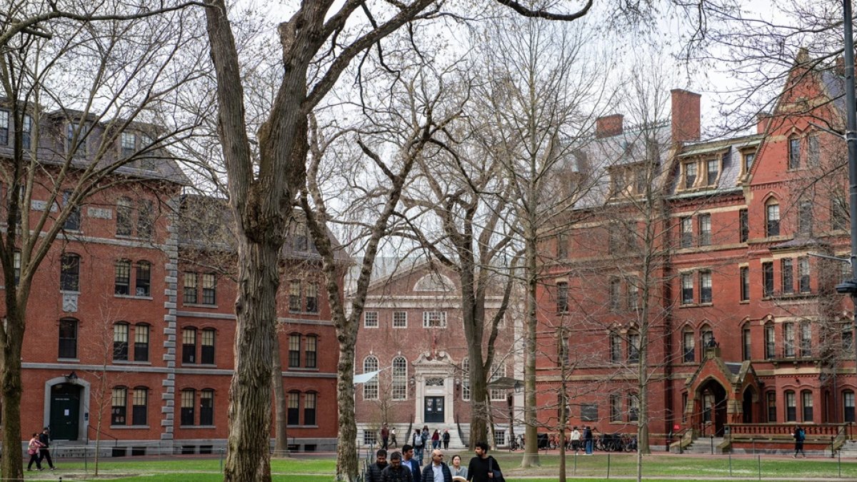 La gente camina por Harvard Yard en el campus de la Universidad de Harvard en Cambridge, Massachusetts, el 15 de abril de 2025.