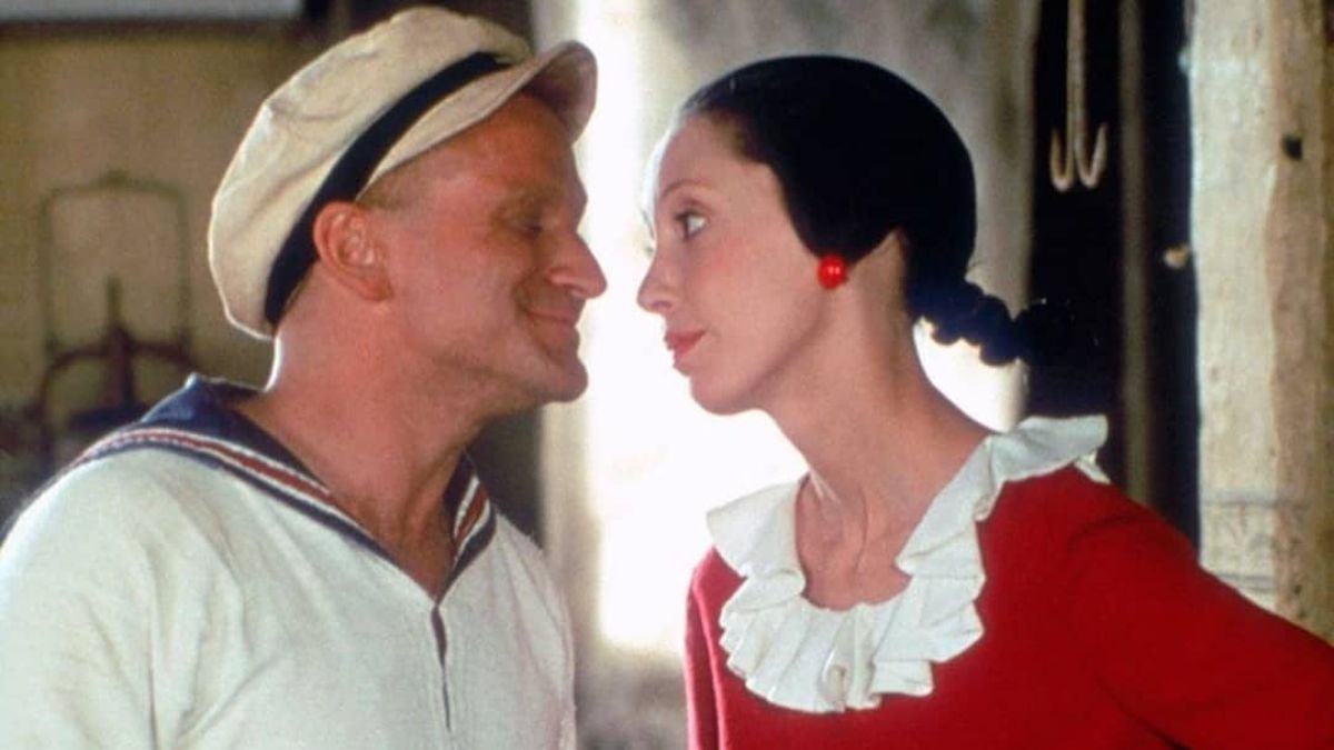 Robin Williams y Shelley Duvall en el set de rodaje de Popeye 1980