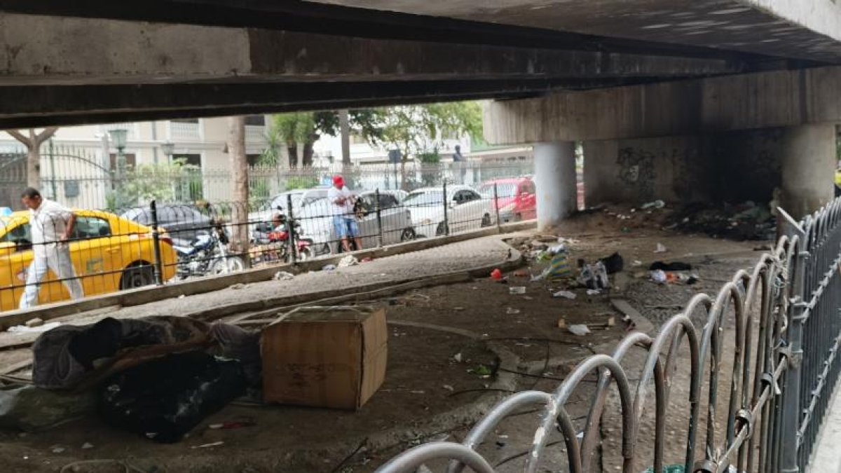 Personas en situación de indigencia frecuentan la parte baja del puente ubicado entre la avenida Olmedo y la calle Chimborazo, en el centro de Guayaquil.