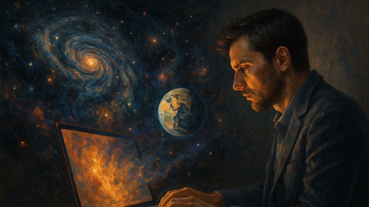 Un hombre crea un universo desde su computadora, en una escena que simboliza cómo la inteligencia artificial transforma palabras en mundos visuales.