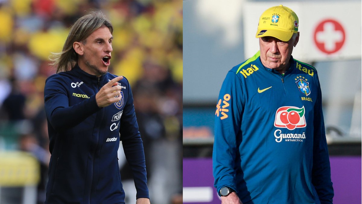 Los seleccionadores Sebastian Beccacece de Ecuador, y Carlo Ancelotti, de Brasil, se encontrarán jornada 15 de las eliminatorias sudamericanas del Mundial de 2026.