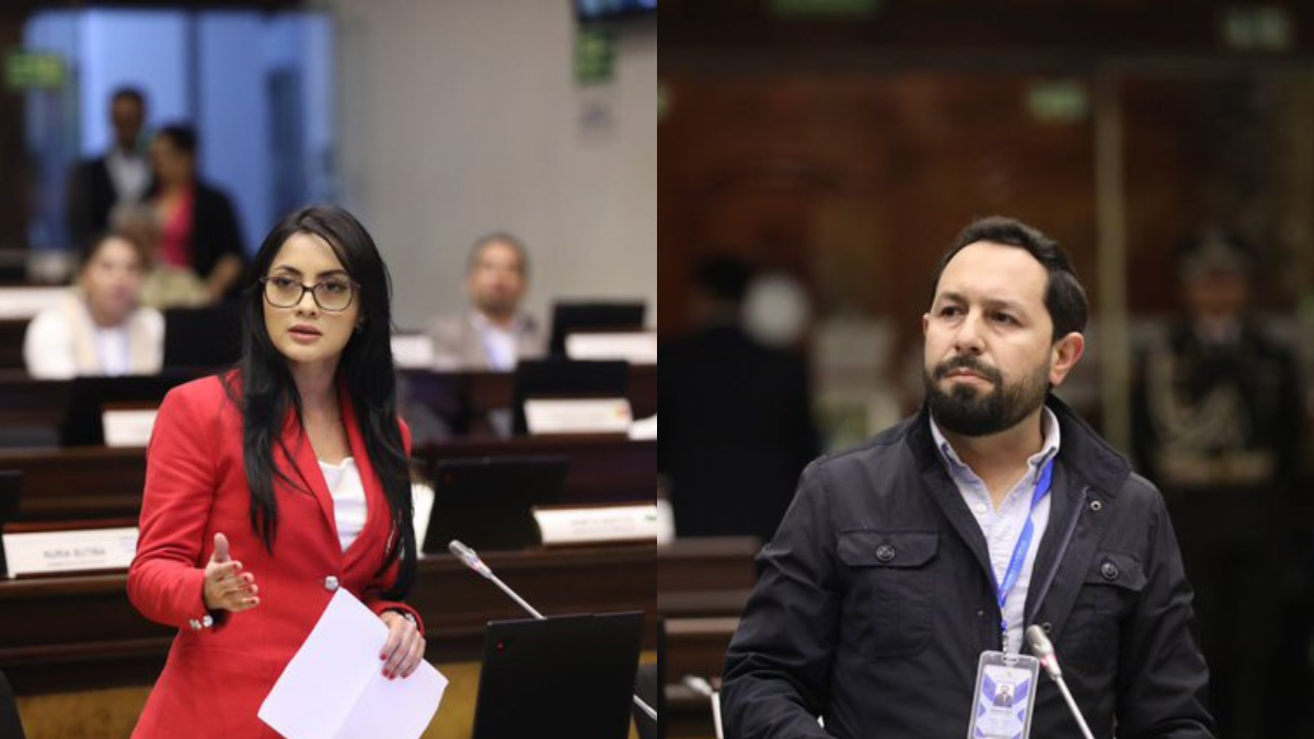 Viviana Veloz y Adrián Castro, asambleístas de la RC y ADN, en el primer debate de Ley de Integridad Pública.
