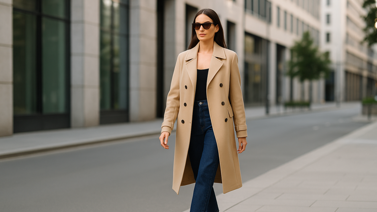 Ejemplo de sandwich dressing: abrigo y estiletos del mismo color (‘panes’), pantalón contrastante (‘relleno’) y camiseta que realza la armonía del look.