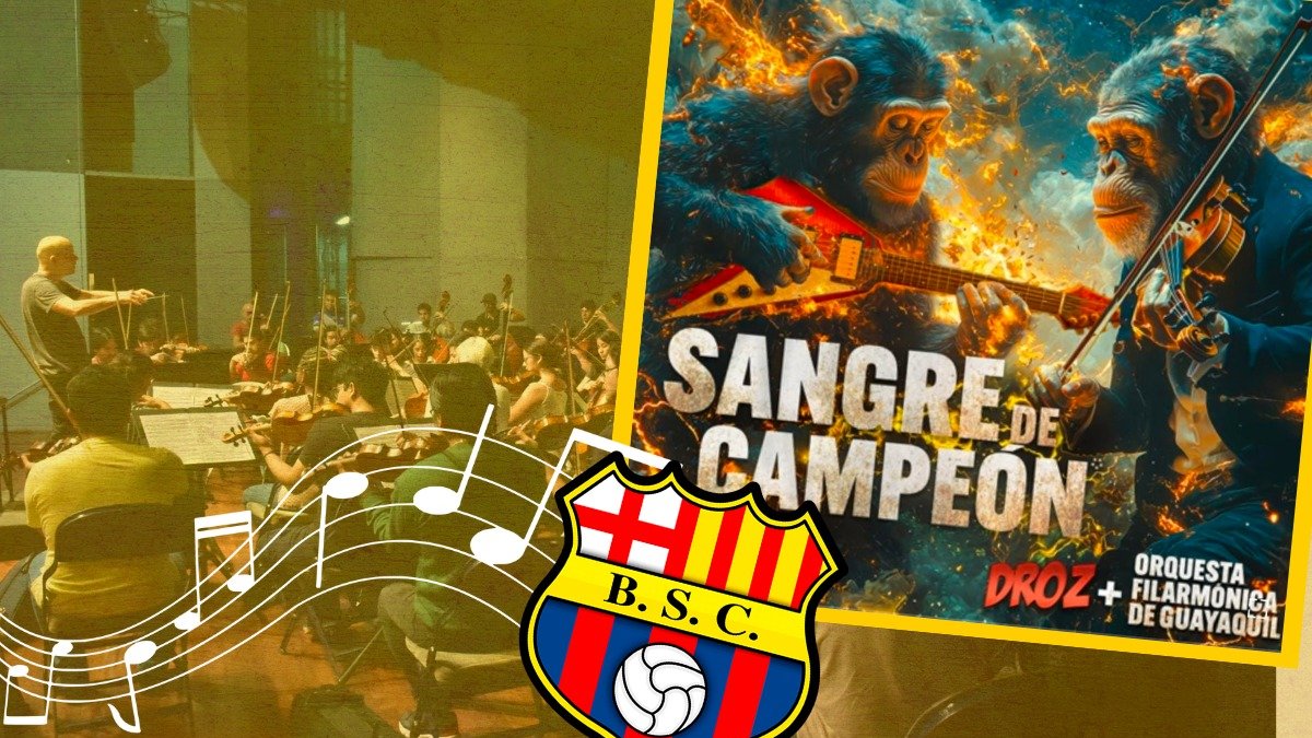 ‘Sangre de Campeón es la canción que fusionaron Droz y la Filarmónica de Guayaquil, y suena ya en más de 30 países, según la Alcaldía de Guayaquil.