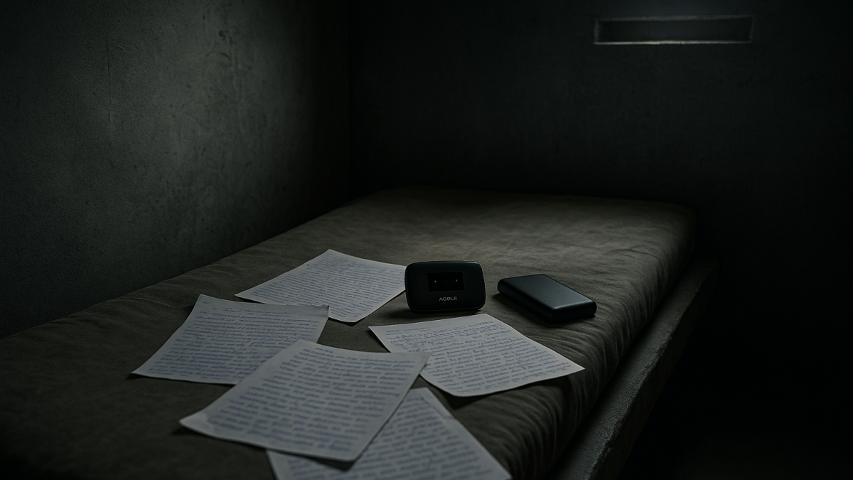 Imagen generada por inteligencia artificial. Así habría lucido la celda donde fue hallado un router, una batería externa y cartas manuscritas atribuidas a Verónica Briones, pareja de alias Fito, en el marco del caso Blanqueo Fito.