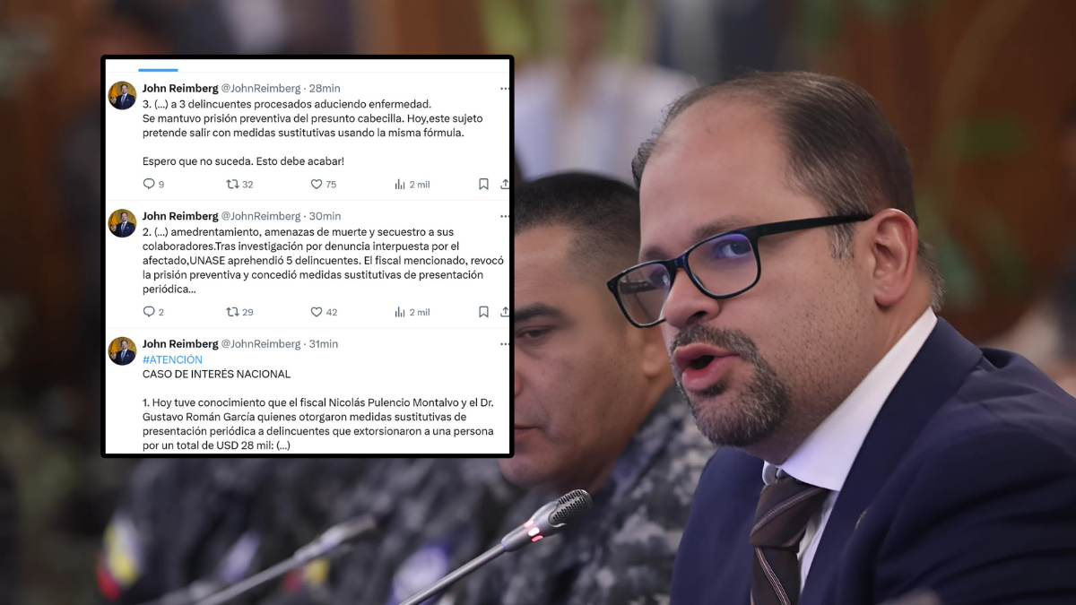 El ministro del Interior, John Reimberg, publicó en su cuenta de X los nombres de un fiscal y un juez a quienes responsabiliza de otorgar beneficios a procesados por extorsión, pese a la gravedad del caso.