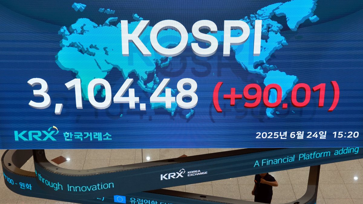 Una pantalla de datos financieros de la Bolsa de Corea en Seúl, Corea del Sur, el 24 de junio de 2025, muestra que el Índice Compuesto de Precio de las Acciones de Corea (KPI).