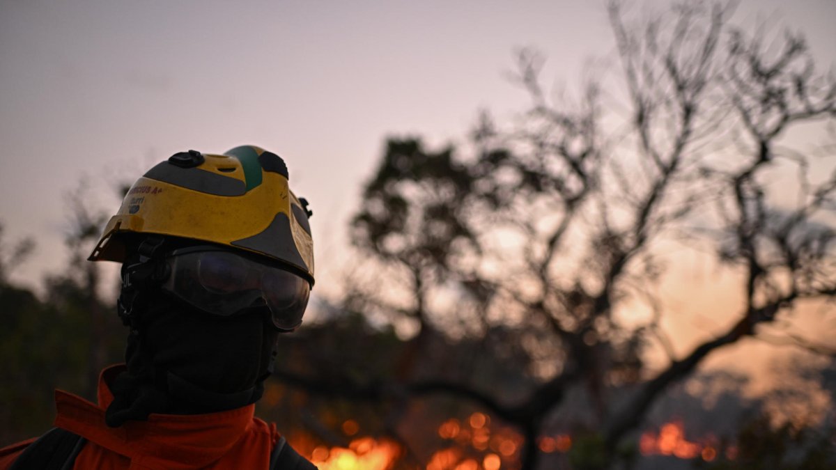 Un bombero trabaja para extinguir un incendio forestal en la Reserva Ecológica Contagem, en Brasilia (Brasil).