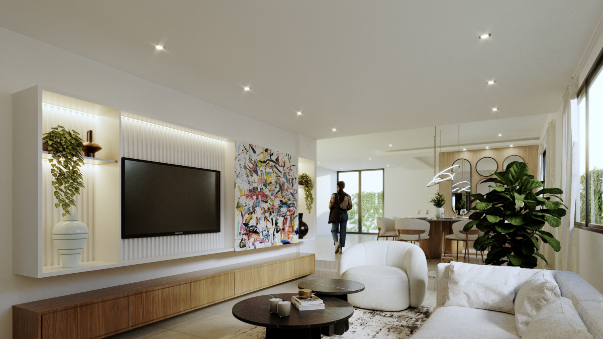 En una sala minimalista,  decore las paredes con arte colorido y complemente con plantas naturales y cojines de distintas texturas.