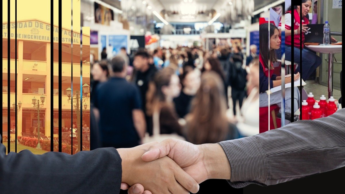 Universidad de Guayaquil conecta a estudiantes con 52 empresas en feria de empleo.