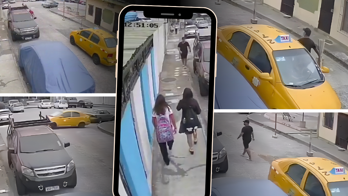 Momento registrado por cámaras de seguridad en el que un hombre se aproxima a dos estudiantes en Guayaquil.