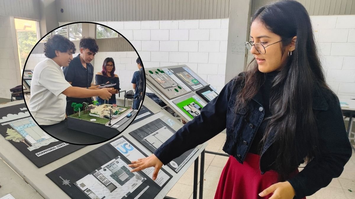 Estudiantes de primer semestre de la Facultad de Arquitectura, de la Universidad de Guayaquil, mostraron bosquejos y maquetas de diseños de viviendas.