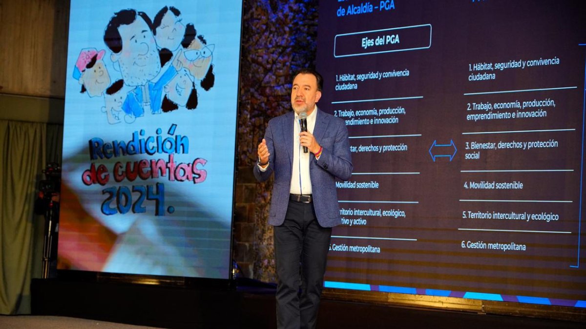 El alcalde de Quito, Pabel Muñoz, presentó su informe de rendición de cuentas correspondiente al periodo 2024 este jueves 10 de julio