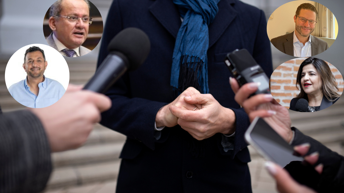 Foto representativa de presidentes de organizaciones políticas de Ecuador: Alfredo Serrano, Giovanni Atarihuana, Mauricio Rodas y Analía Ledesma.
