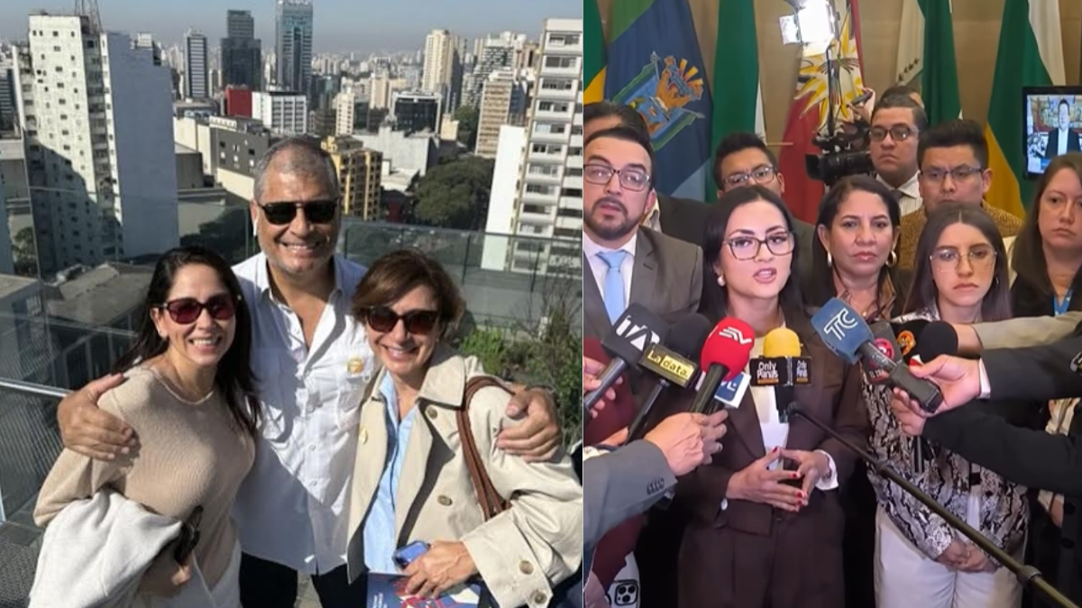 Luisa González y Rafael Correa, en Brasil, en una foto compartida por el expresidente, el 26 de junio. Y en la rueda de prensa del bloque de la RC, sobre expulsión de Santiago Díaz.