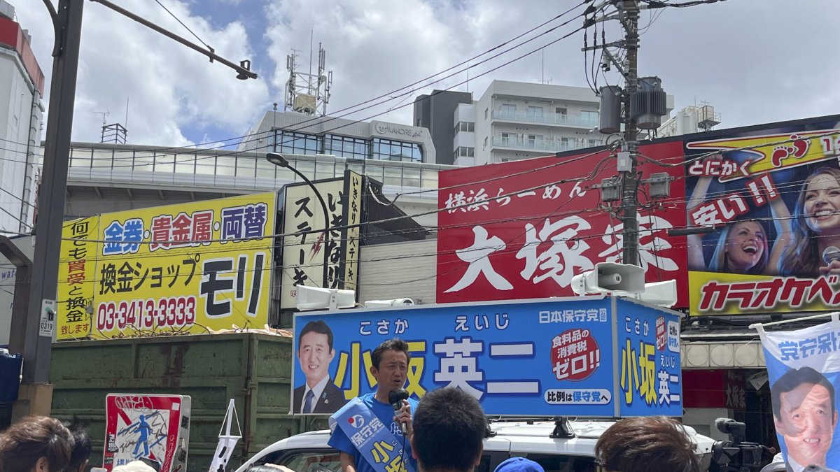 Imágenes de carteles electorales, en un mitin político del partido conservador de Japón.
