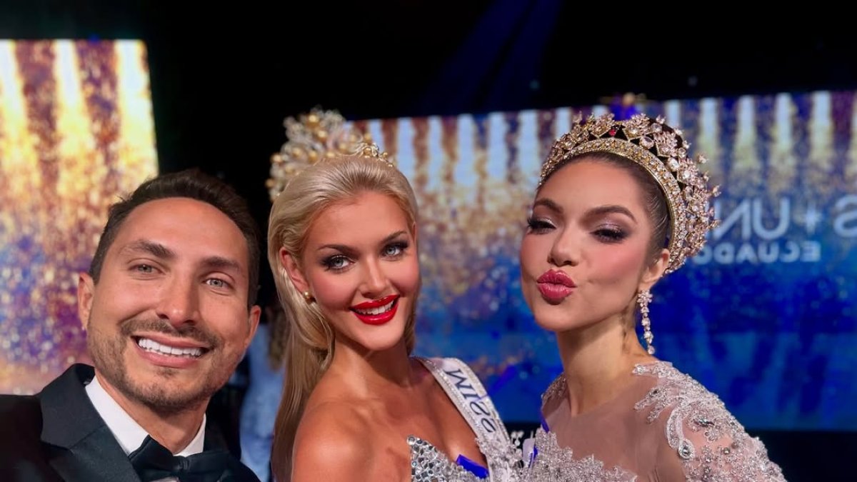 Eduardo con Victoria Kjær Theilvig, Miss Universo, y Mara Topic.