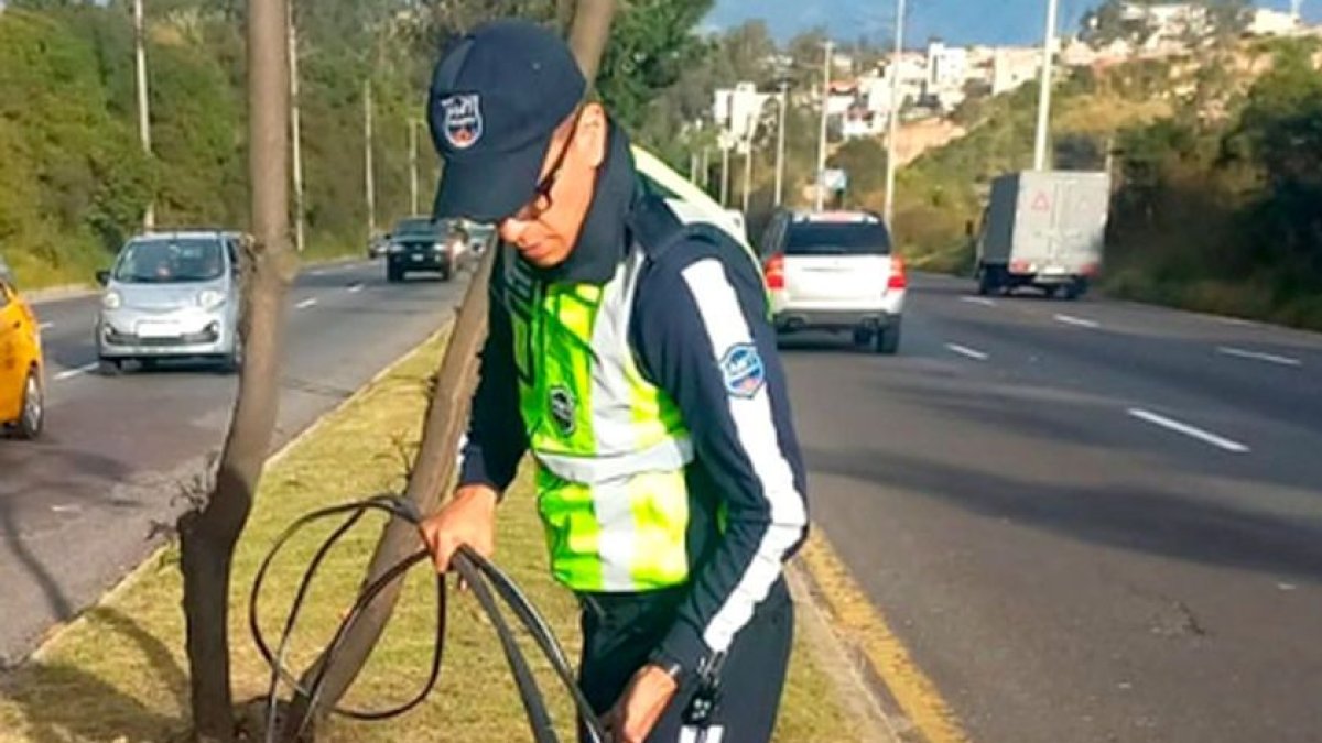 Tras la denuncia en redes sociales, agentes civiles de tránsito retiraron cables que ponen en riesgo la vida de conductores en la av. Simón Bolívar