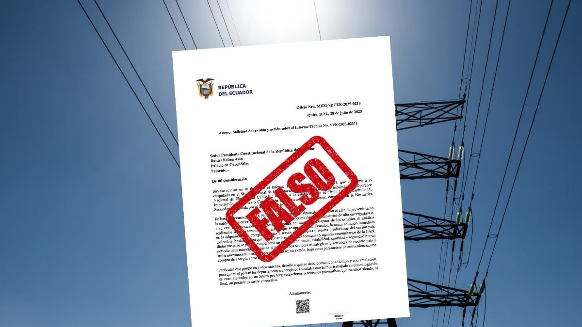 El Ministerio de Energía y Minas de Ecuador desmintió la autenticidad de una supuesta comunicación oficial dirigida al presidente Daniel Noboa.