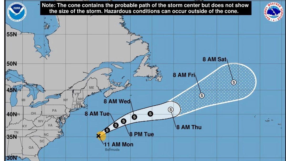Imagen de la NOAA a través del Centro Nacional de Huracanes (NHC) del mapa del pronóstico de 5 días de la tormenta tropical Dexter en el Atlántico.