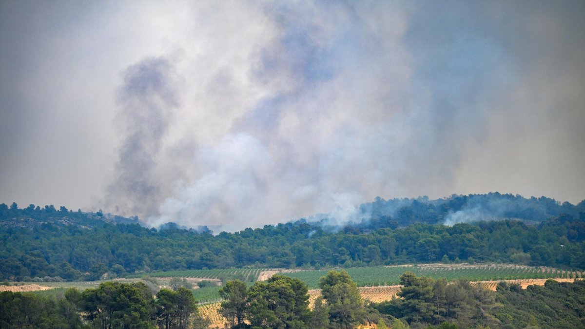 Columnas de humo del incendio forestal cerca de Saint Laurent de la Cabrerisse en Aude, Francia.