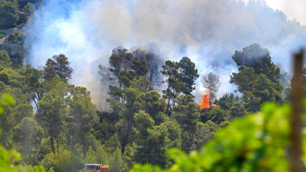 Un camión de bomberos opera durante el incendio forestal en Saint-Laurent-de-la-Cabrerisse, departamento de Aude, sur de Francia.