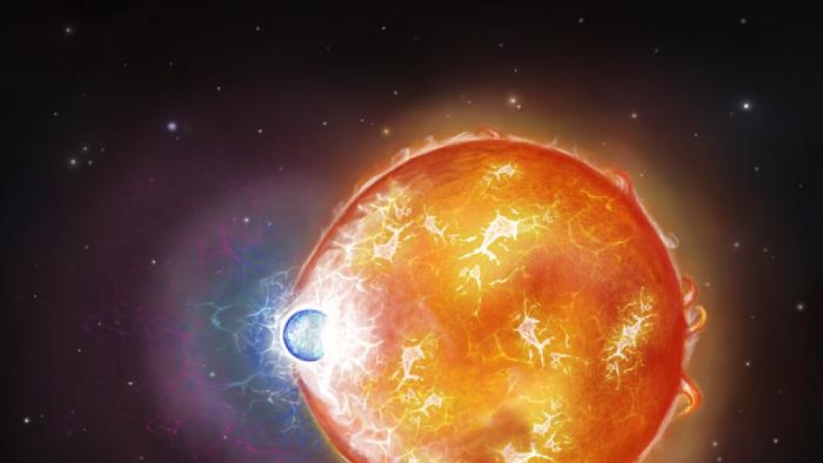 Enana. Ilustración de la fusión estelar caliente que formó la enana blanca ultramasiva -WD 0525+526.