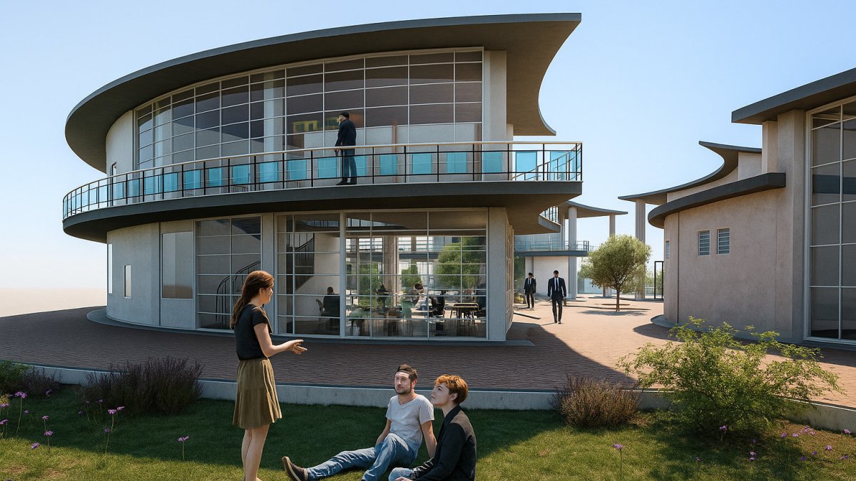 Render de un proyecto universitario para un centro cultural comunitario.