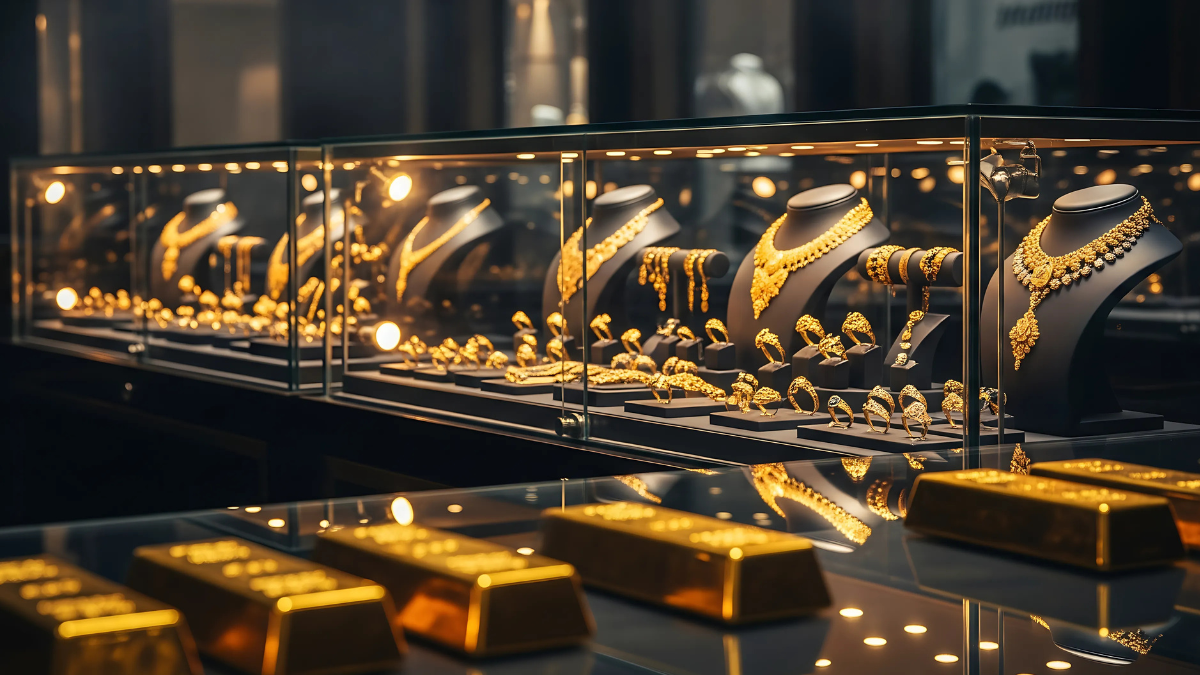 Vitrinas de lujo en el famoso Zoco del Oro de Dubái, donde joyerías como Art Diamond GoldSmith exhiben collares y lingotes adquiridos a exportadoras ecuatorianas.