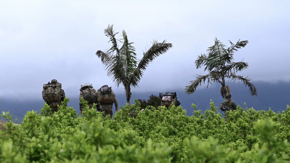 Los soldados se alejan entre plantaciones de coca después de que las comunidades locales los obligan a abandonar su base militar cerca de El Plateado.