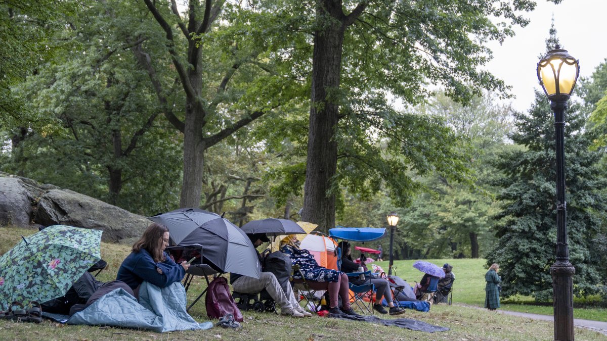 Espera. Personas haciendo fila para ver gratis obras de Shakespeare donde actúan reconocidos actores, en un escenario de Central Park. Permanecen así horas bajo lluvia y sol.