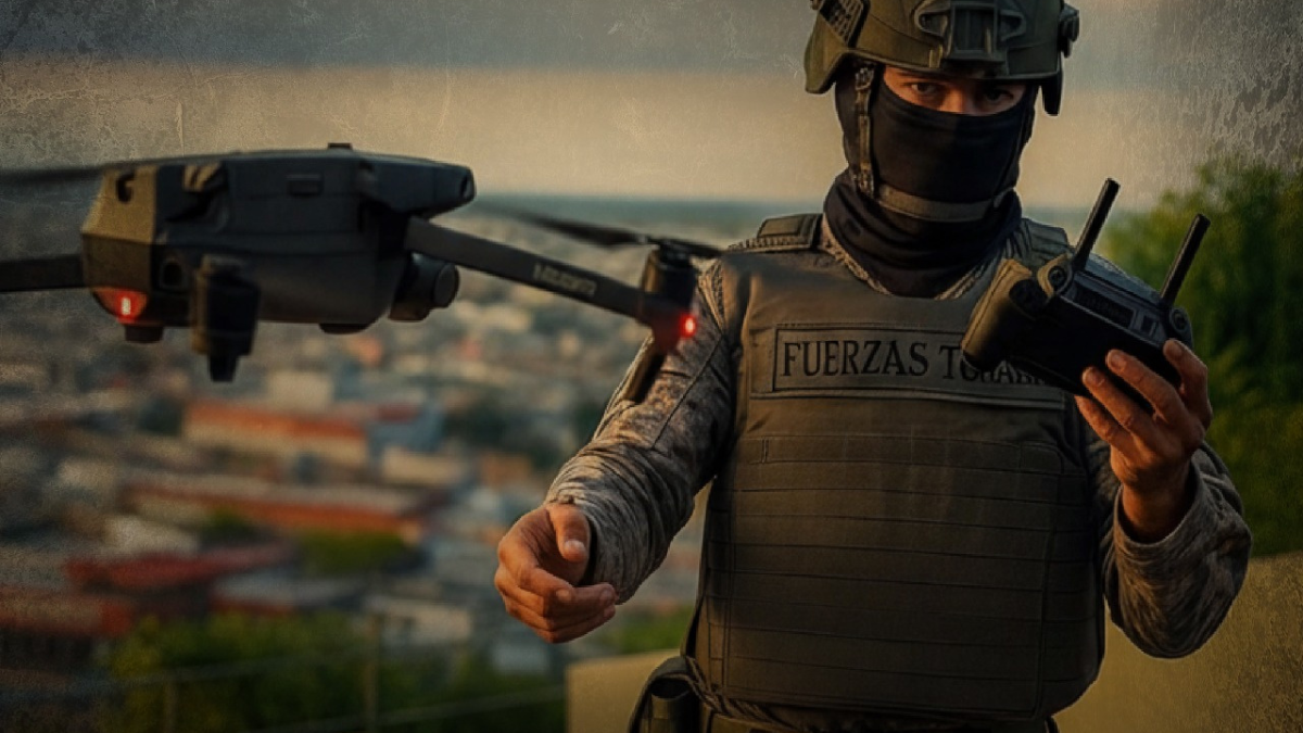 Un oficial de las Fuerzas Armadas opera uno de los drones del escuadrón Rayo Justiciero.