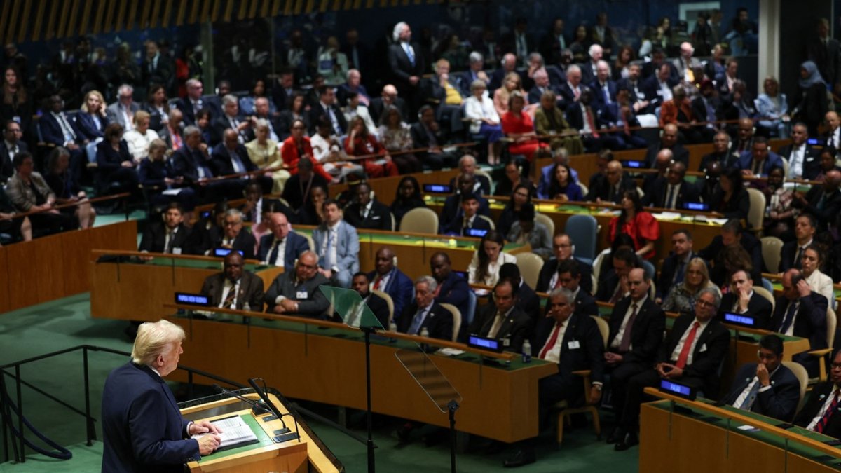 El presidente Donald Trump, pronuncia un discurso ante la Asamblea General de las Naciones Unidas en la sede de la ONU en la ciudad de Nueva York el 23 de septiembre de 2025.