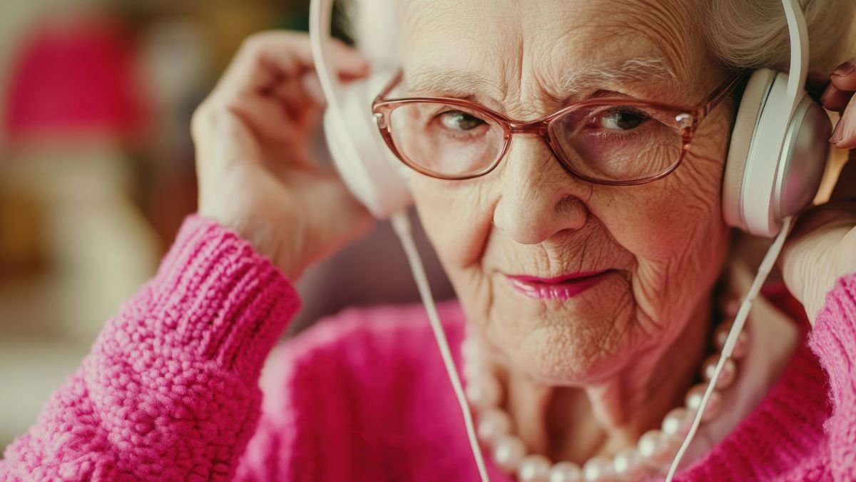 Anciana escuchando música