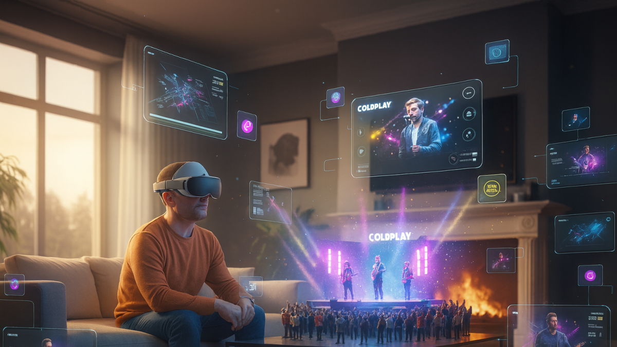 Un usuario disfruta un concierto de Coldplay en su sala gracias a las nuevas gafas Samsung Galaxy XR.