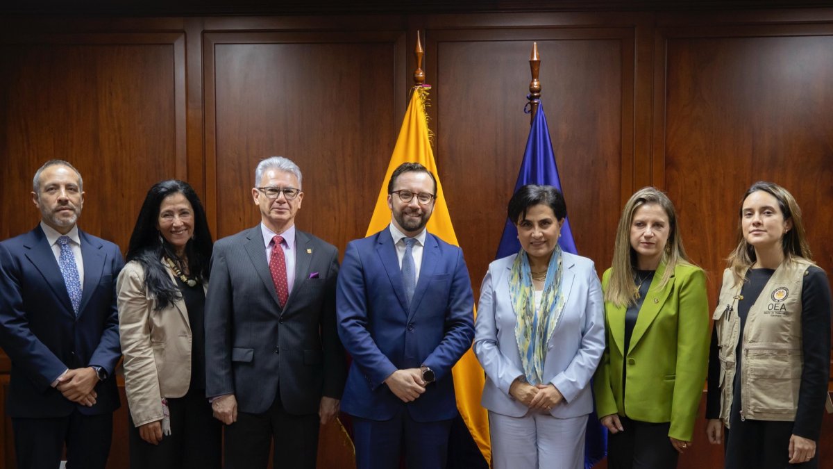 Gabriela Sommerfeld junto a Nicolás Albertoni y la delegación de observadores de la OEA.