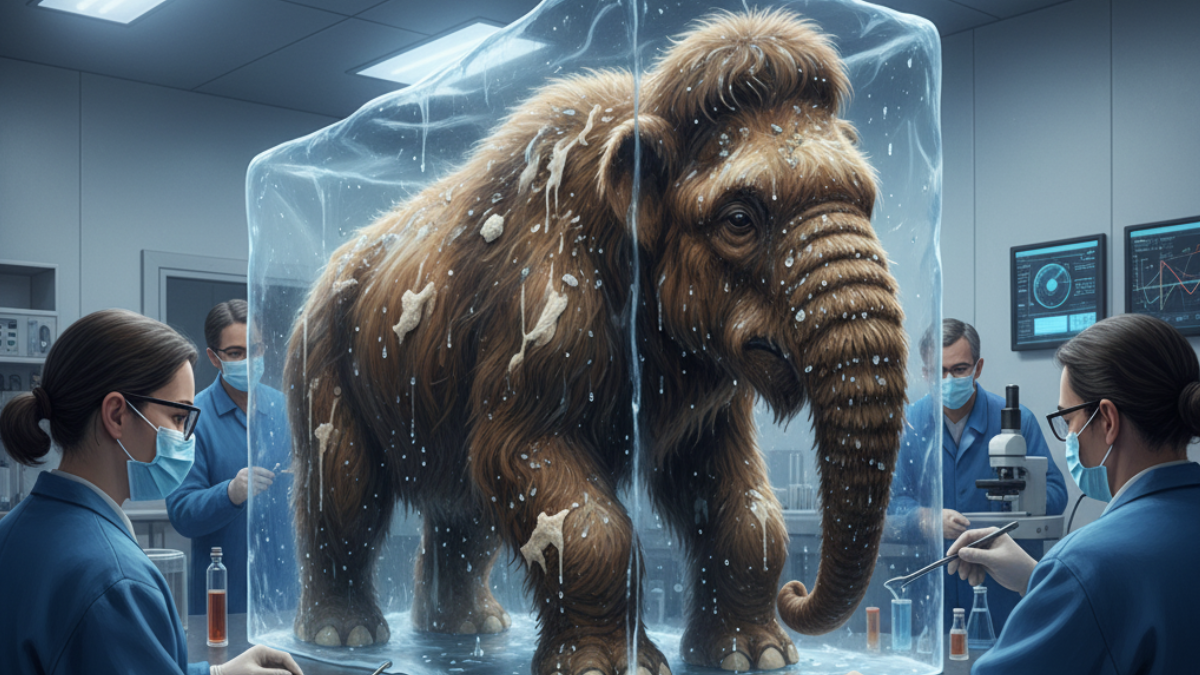 La cría de mamut lanudo conservada en el hielo, siendo examinada por científicos.