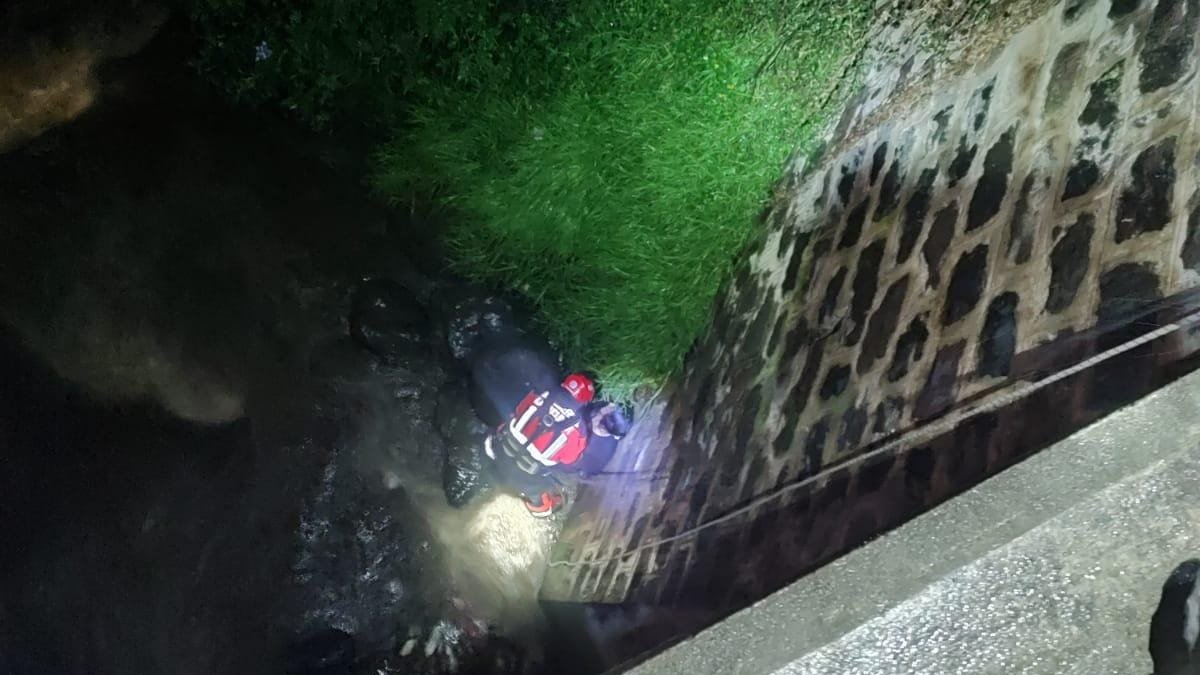 Durante el rescate de la mujer que cayó del puente.