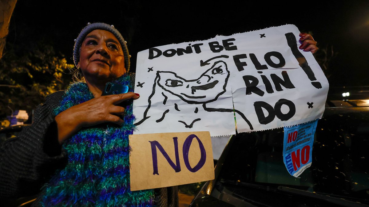 Una simpatizante del Movimiento Revolución Ciudadana sostiene un cartel durante la celebración por el triunfo del 'No' en el referéndum este domingo, en Quito (Ecuador).