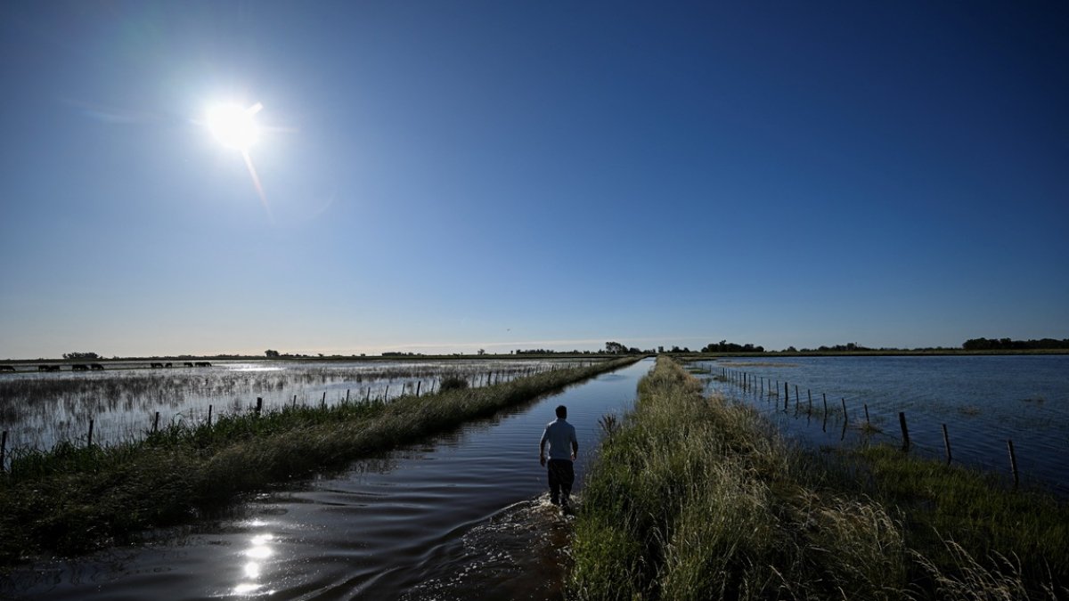 Un hombre camina por una carretera inundada debido a las fuertes lluvias en 9 de Julio, provincia de Buenos Aires, Argentina, el 5 de noviembre de 2025.