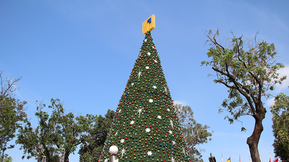 El árbol navideño de 12 metros se instaló a la altura del bulevar 9 de Octubre.