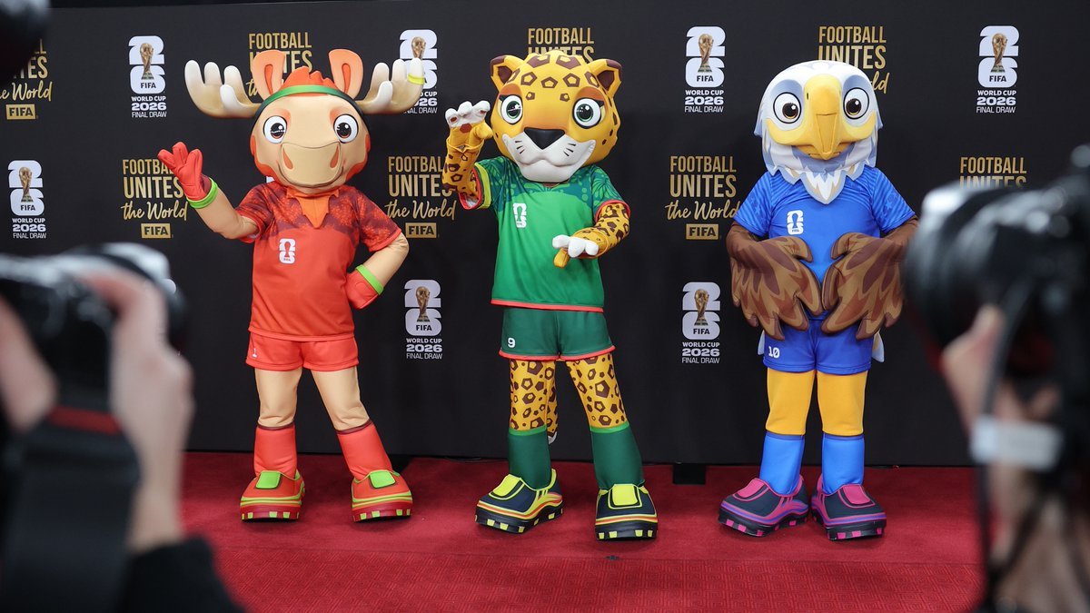 Las mascotas del Mundial 2026 posan durante el sorteo en Washington, representando a los tres países anfitriones: Estados Unidos, México y Canadá.